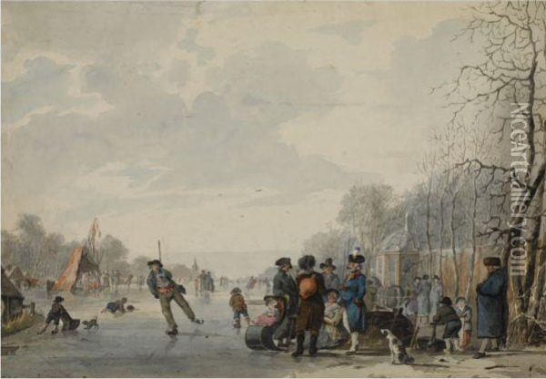 Many Skaters On The Ice, A 'koek En Zopie' In The Distance Oil Painting - Jan Anthonie Langendijk