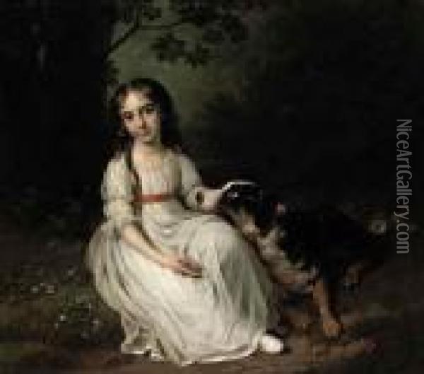 Portrait Of Frederikke Maria 
Sophia Brockdorff, Seated Full-length,in A White Dress, In A Park 
Landscape With Her Dog Beside Her Oil Painting - Jens Juel