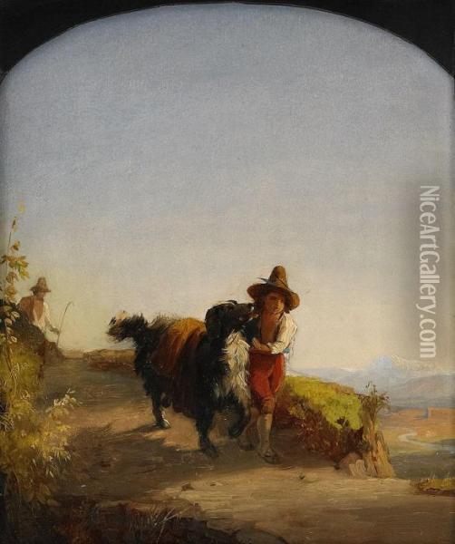 Pojke Med Hund - Motiv Fran Romerska Campagnan Oil Painting - Gustaf Uno Troili