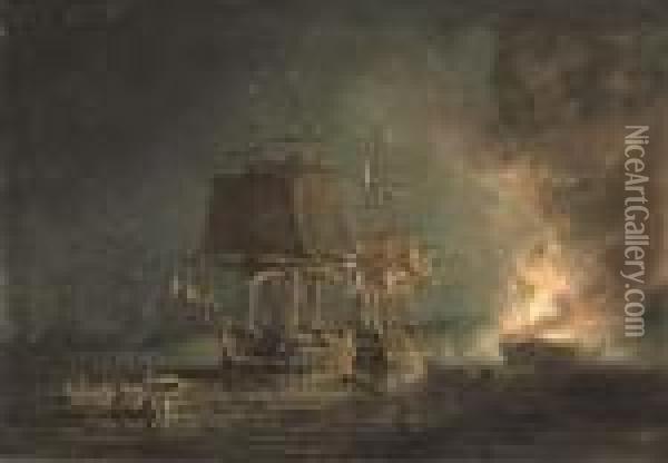 The Burning Of The Russian 74-gun Sewolod Oil Painting - Nicholas Pocock
