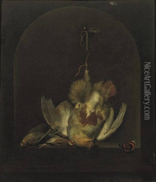 A Dead Partridge Hanging From A Nail With Two Other Dead Birds In A Painted Niche Oil Painting - Ottmar Elliger the Elder