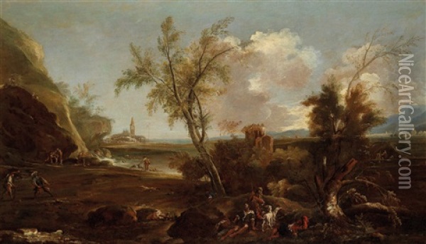 Landscape With A Hunting Party Oil Painting - Marco Ricci