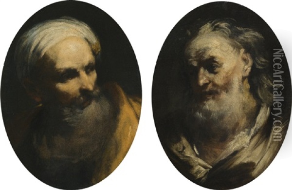 Study Of A Bearded Man Wearing A Turban, Head And Shoulders, Looking Right; Study Of An Elderly Bearded Man, Looking Left Oil Painting - Giuseppe Maria Crespi