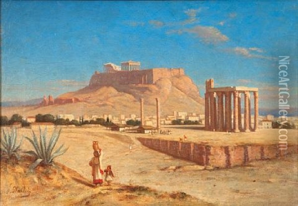 View Of The Acropolis With The Temple Of Olympeus Zeus Oil Painting - Hippolyte Plantet