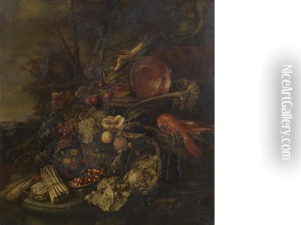 A Still Life Of A Bunch Of Asparagus, Bowls Of Wild Strawberries, A Basket Of Fruit, Lettuces, A Lobster In A Wooden Pail And A Copper Pan Beneath A Stone Sculpture In A Wooded Landscape Oil Painting - Pieter de Ring