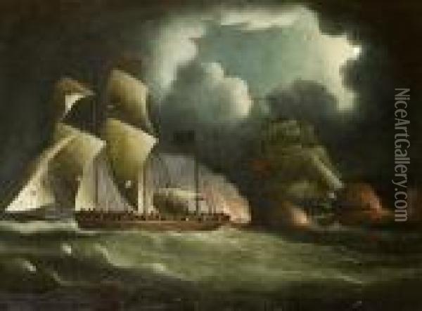 A Royal Navy Brig Chasing And Engaging A Well-armed Pirate Lugger Oil Painting - Thomas Buttersworth