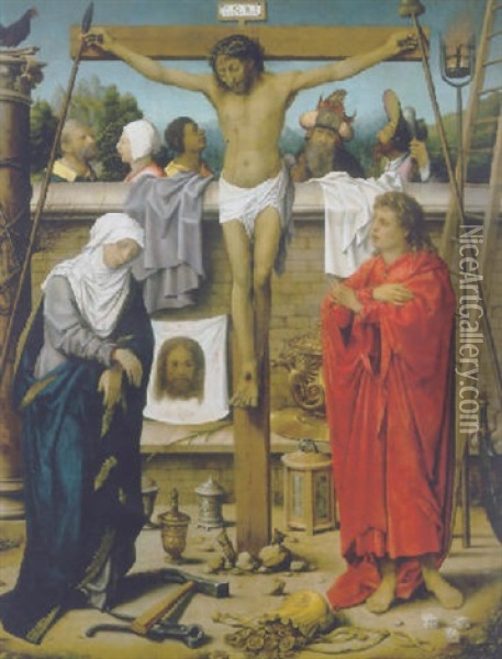 The Crucifixion With The Virgin And Saint John With The Instruments And Emblems Of The Passion Oil Painting -  Master of the 1540s