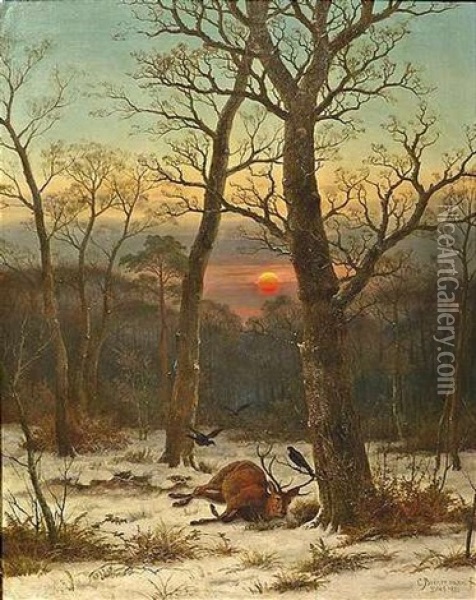 Toter Hirsch Im Abendlichen Winterwald Oil Painting - Caesar Bimmermann