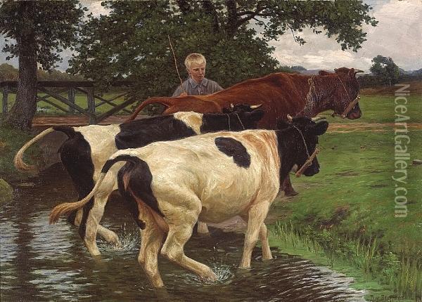A Boy Herding Cattle Through A Stream Oil Painting - Povl Steffensen