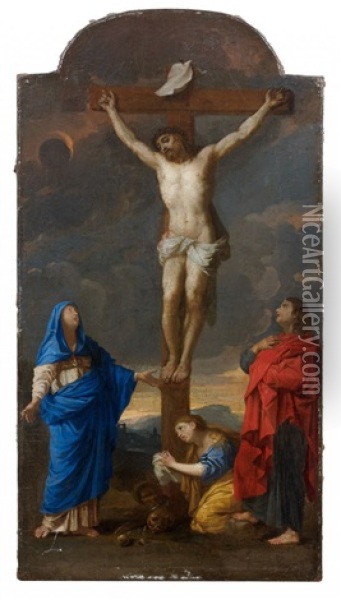 La Vierge, La Madeleine Et Saint Jean Au Pied De La Croix Oil Painting - Nicolas Mignard