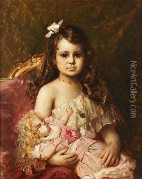Portrait De Fillette A La Poupee Rose Oil Painting - Leon Herbo