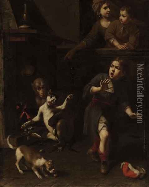 The Monkey And The Cat (aesop's Fable) Oil Painting - Tommaso Salini