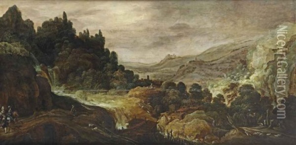 A Mountainous River Landscape With Herdsmen And Travellers On A Path Near A Waterfall Oil Painting - Joos de Momper the Younger