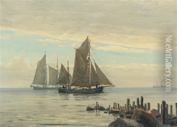 Sailing Ships Near The Coast Oil Painting - Christian Benjamin Olsen