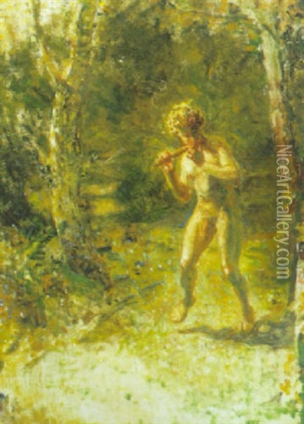 Spillende Faun I Landskab Oil Painting - Julius Paulsen