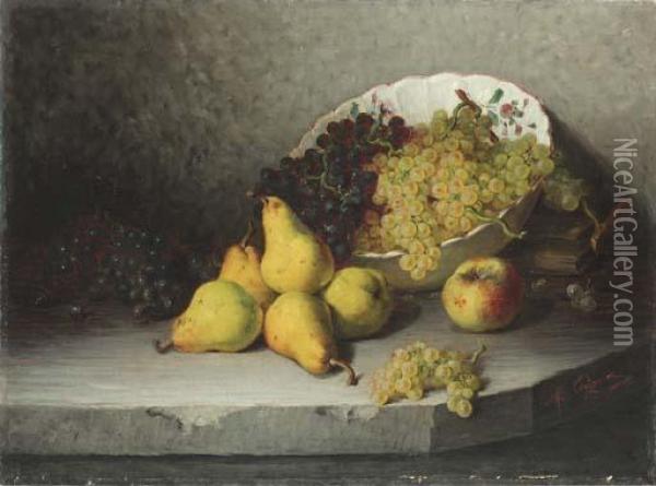 A Bowl Of Grapes With Pears And An Apple On A Stone Ledge Oil Painting - Marie Coignet