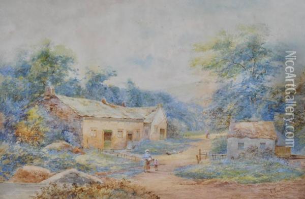 Figures Near Thatched Farm Buildings Oil Painting - John MacPherson