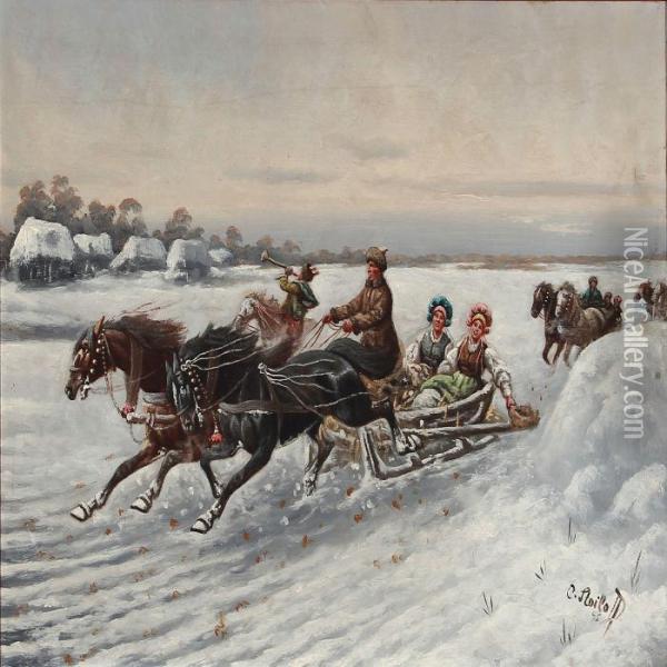 Winter Landscape With Sled Driwing In High Speed Oil Painting - Adolf Baumgartner
