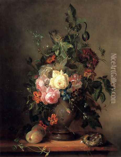Roses, Morning Glory, Poppies and Tulips with Peaches anda Bird's Nest on a wooden Ledge Oil Painting - Francois-Joseph Huygens