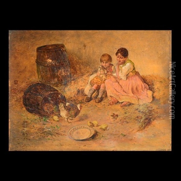 Watching The Chickens Oil Painting - Friedrich Kraus