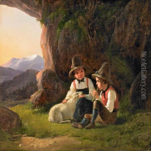 Landscape With Boys And A Sheep Resting At A Cave Oil Painting - Christian Andreas Schleisner