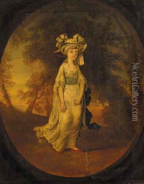 Portrait of a girl, small full-length, in a white dress with blue sash, in a landscape, feigned oval Oil Painting - Angelica Kauffmann