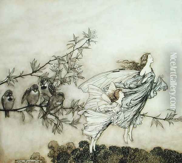 The Fairies have their Tiff with the Birds, 1906 illustration for 'Peter Pan in Kensington Gardens by J.M. Barrie, pub. 1906 Oil Painting - Arthur Rackham