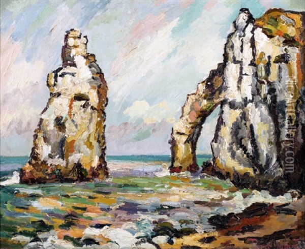 Les Falaises A Etretat Oil Painting - Pierre Dumont