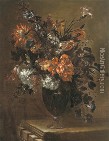 Ein Blumenstraus Mit Schneeballen, Nelken, Pfingstrose, Wicken Und Anderen Bluten In Einer Glasernen Vase Oil Painting - Jean-Baptiste Monnoyer