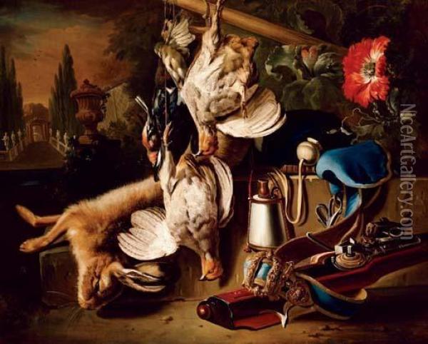 Game And A Hare With A Rifle And Other Hunting Objects On A Ledge In A Garden Oil Painting - Jan Weenix