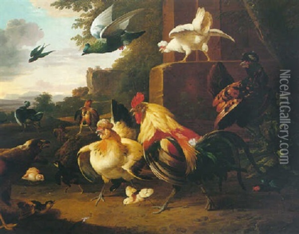 A Farmyard Scene With Bathams, Pheasant, A Golden Eagle And Other Fowl Oil Painting - Johann Heinrich August Friedrich
