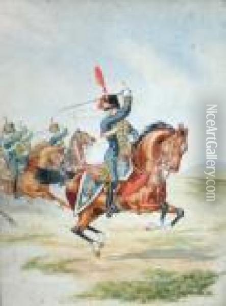 Ri -- The 15th Hussars On 
Horseback; Watercolour, Signed G Clarr*ys And Titled, 19x14cm Note: 
Known As The 15th Or The Kings Light Dragoons Oil Painting - George Cattermole