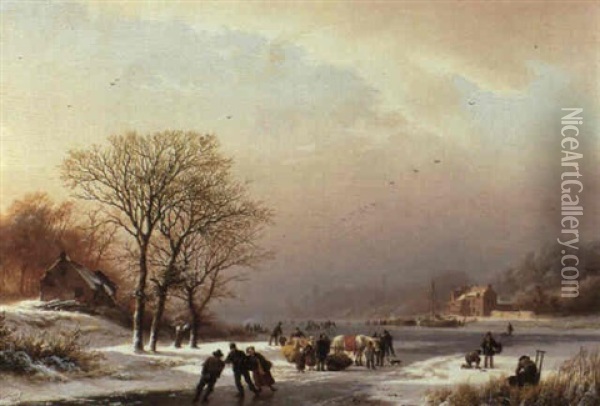 Winter Landscape With Figures On A Frozen River Oil Painting - Barend Cornelis Koekkoek