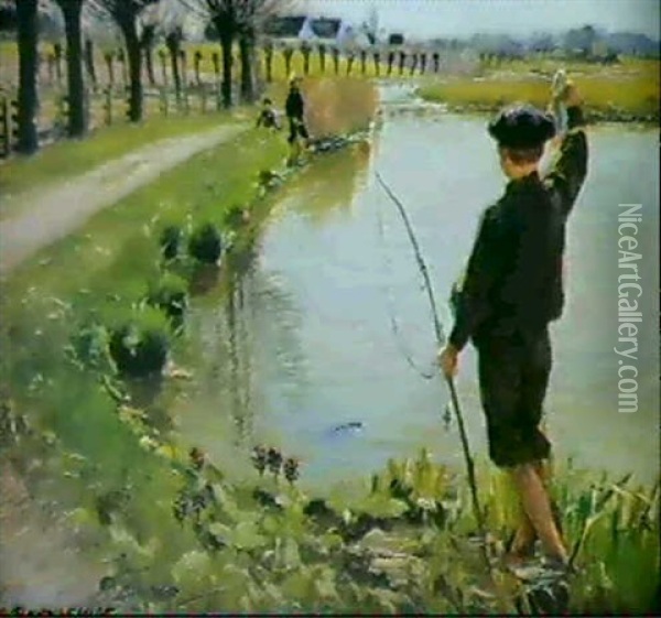 En Dreng, Der Stolt Viser Sin Fangst Frem Oil Painting - Hans Andersen Brendekilde