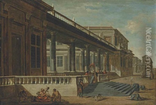 A Capriccio Of A Palace Terrace With A Family Of Mendicants In The Foreground, A Pasha And His Retinue Beyond Oil Painting - Jacob Ferdinand Saeys