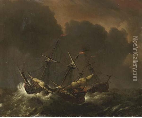 Shipping On A Stormy Sea Oil Painting - Willem van de, the Elder Velde