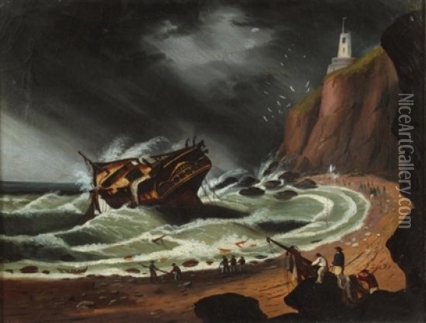 Ship In Storm Oil Painting - Thomas Chambers