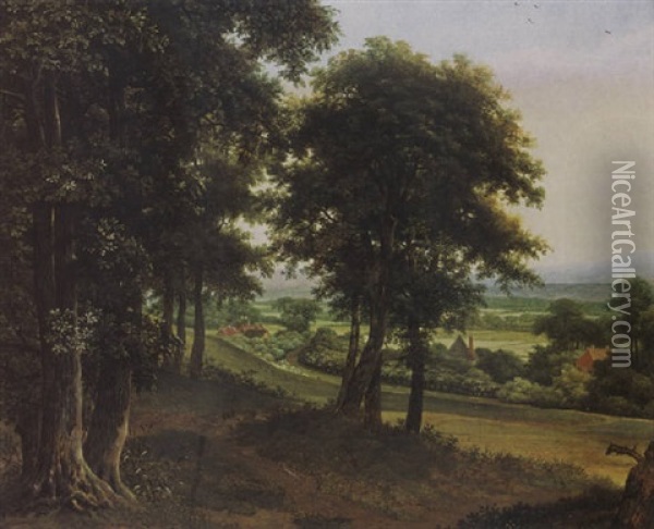 Extensive Wooded Landscape With Houses, Hills Beyond Oil Painting - Jan De Lagoor