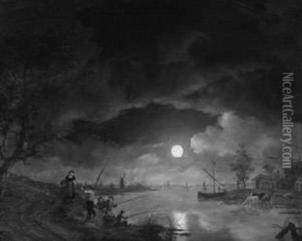 Angler Im Mondschein An Einem Hollandischen Flus Oil Painting - Petrus Johann Van Regemorter