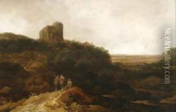 A Mountain Landscape With Three Figures Onrock And Ruin In The Background Oil Painting - Pieter De Molijn