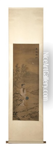 Jeune Femme Sortant Des Bambous Et Se Promenant Vers Un Cours D'eau Une Nuit De Lune Oil Painting -  Qiu Ying
