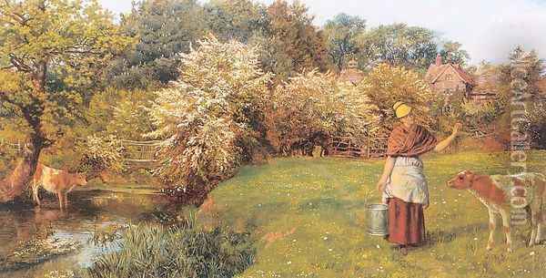 Poll the Milkmaid Late 1860s Oil Painting - Arthur Hughes