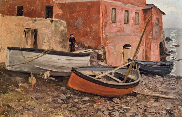 Fischerboote An Land Oil Painting - Alfred Zoff