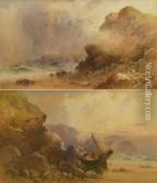 On The Cornish Coast; And Cornish Coast Oil Painting - Edward William Cooke
