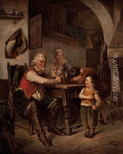 Interieur Mit Drei Personen Am Tisch Und Einem Kind Das Vor Dem Vater Salutiert Oil Painting - Joseph Haier