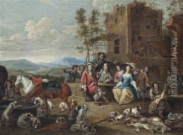 A Hunting Party At An Inn Oil Painting - Jan van den Hecke the Elder