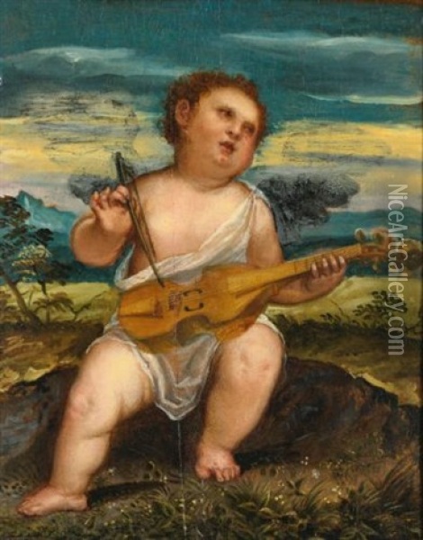 Cupid With A Violin In A Landscape Oil Painting - Bonifazio de Pitati