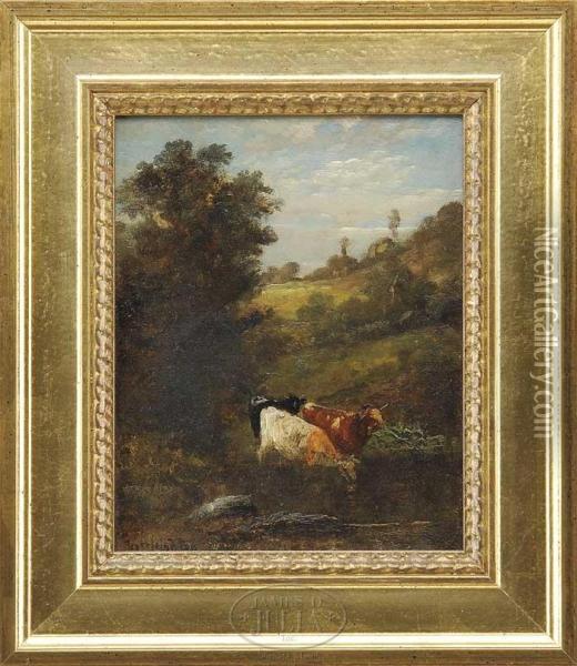 Cows At Hillside Pool Oil Painting - Scott Leighton