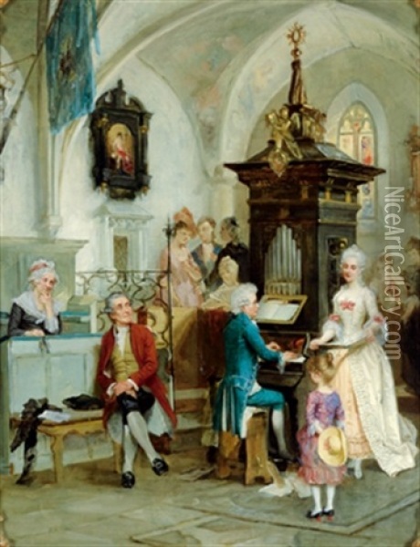 Wolfgang Amadeus Mozart Musiziert Im Kreise Seiner Familie Oil Painting - Johann Hamza
