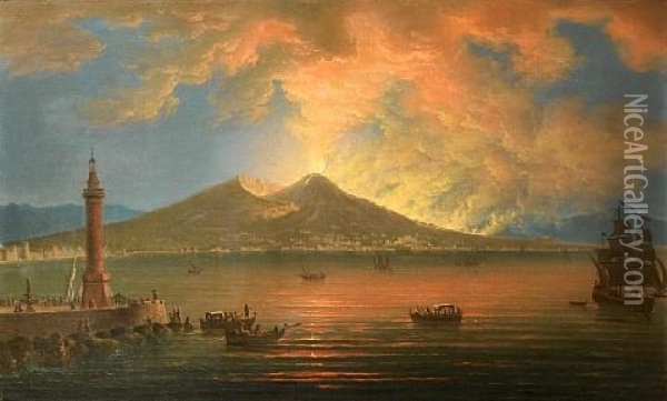 The Bay Of Naples With The Eruption Of Vesuvius Oil Painting - Pietro Antoniani